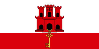 The flag of Gibraltar has two horizontal bands of white (double-width) and red, with a three-towered red castle in the center of the white band. A gold key hangs from the castle gate and is centered in the red band.